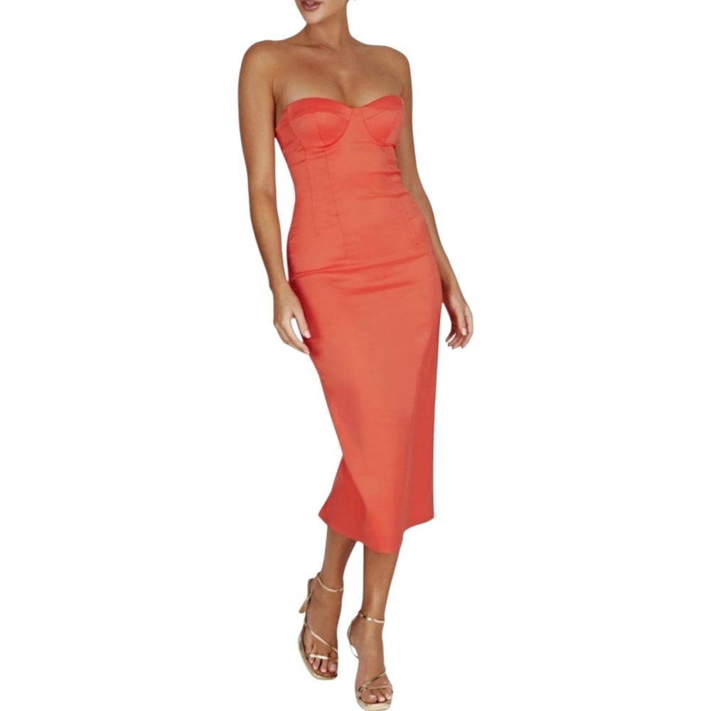 Bryony Cupped Bodycon Midi Dress - Coral Sz Large